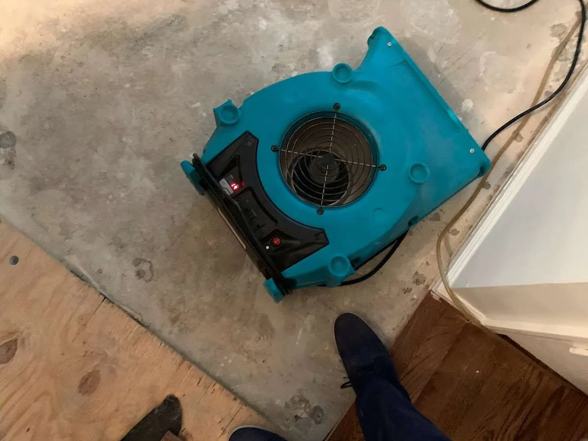 Air mover drying subfloor during Commercial Water Damage Restoration in Lakewood Park